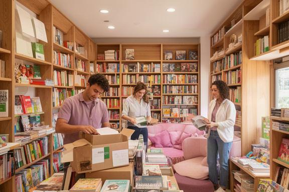 Interior de Buena Lectura S.L. con estanterías de madera, zona de lectura infantil y el equipo preparando pedidos entre libros